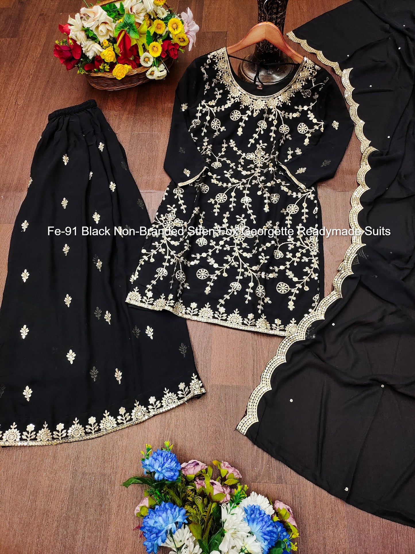 Fe-91 Black Non-Branded Stfen Fox Georgette Readymade Suits