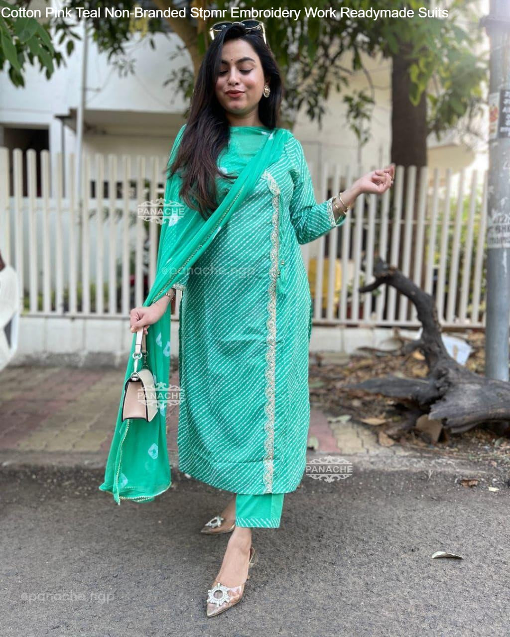 Fine Cotton Pink Teal Non-Branded Stpmr Embroidery Work Readymade Suits