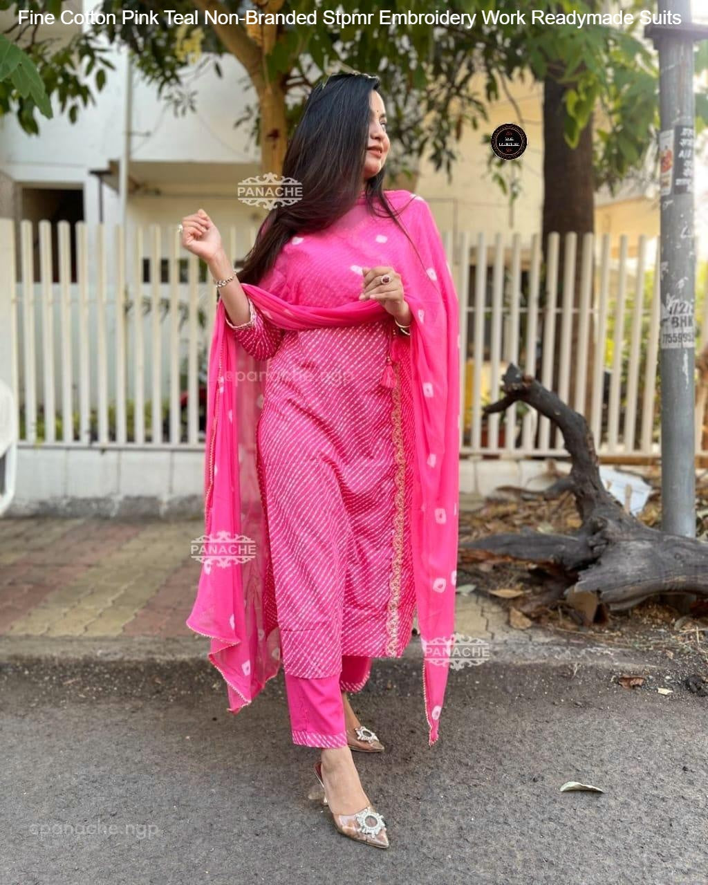 Fine Cotton Pink Teal Non-Branded Stpmr Embroidery Work Readymade Suits
