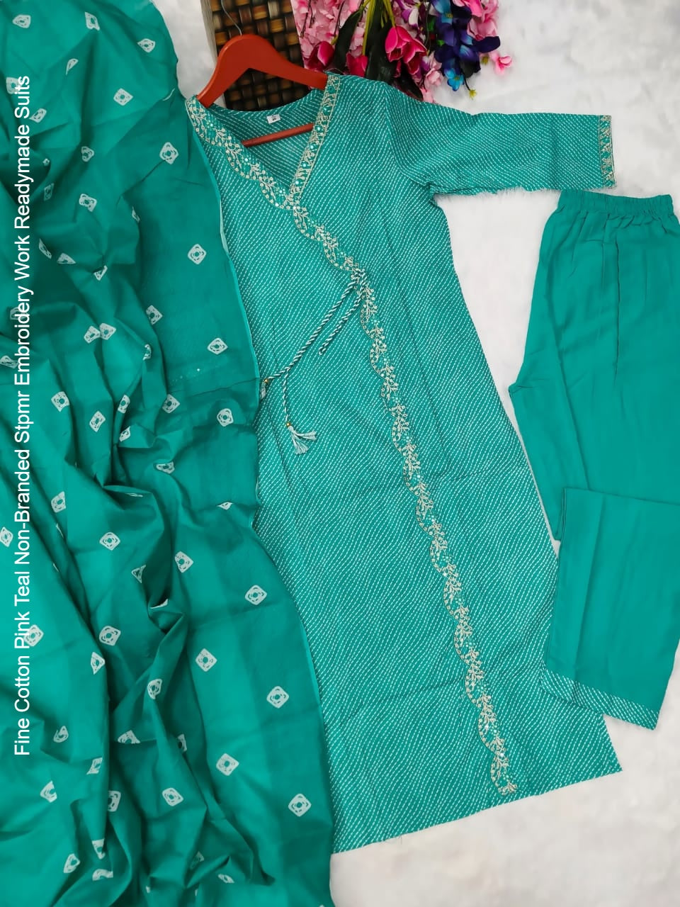 Fine Cotton Pink Teal Non-Branded Stpmr Embroidery Work Readymade Suits