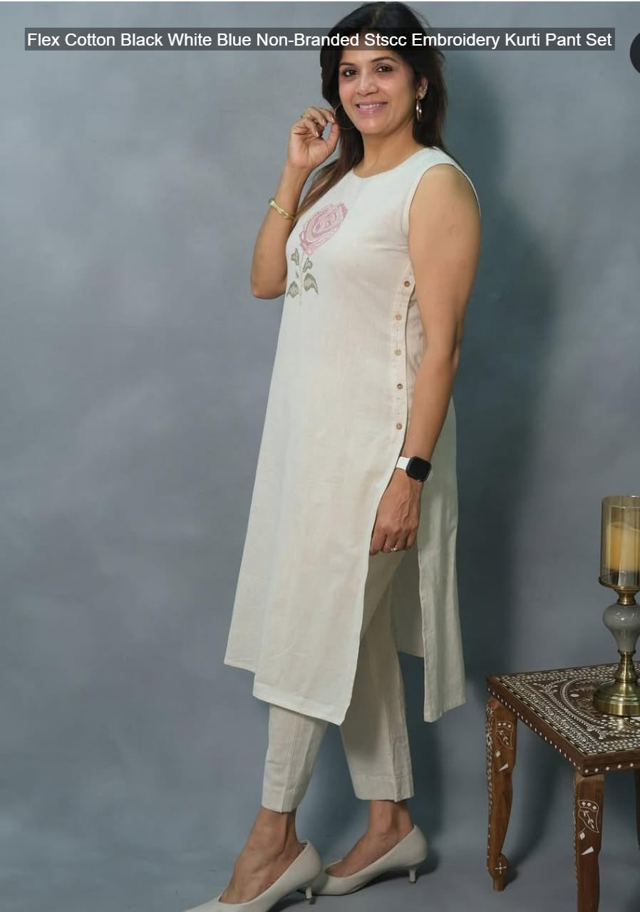 Flex Cotton Black White Blue Non-Branded Stscc Embroidery Kurti Pant Set