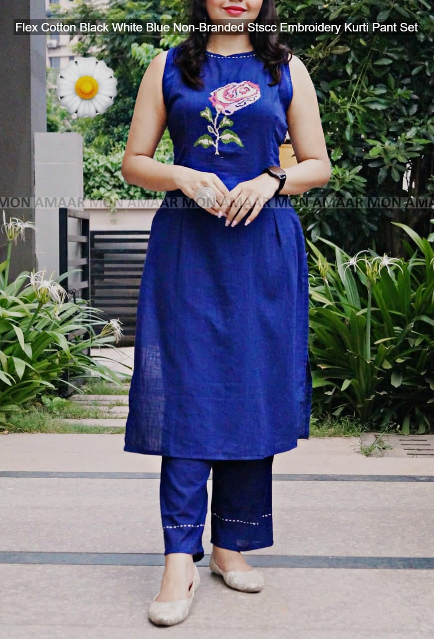 Flex Cotton Black White Blue Non-Branded Stscc Embroidery Kurti Pant Set