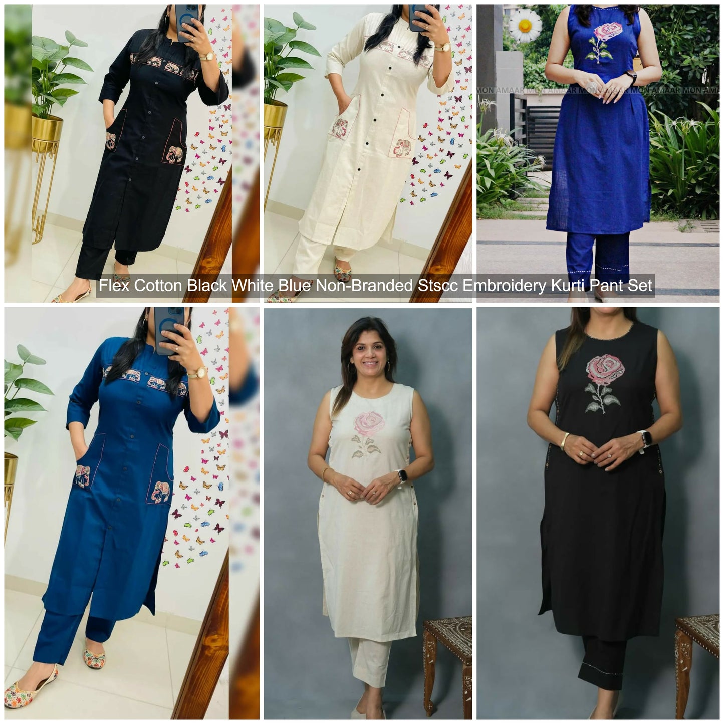 Flex Cotton Black White Blue Non-Branded Stscc Embroidery Kurti Pant Set