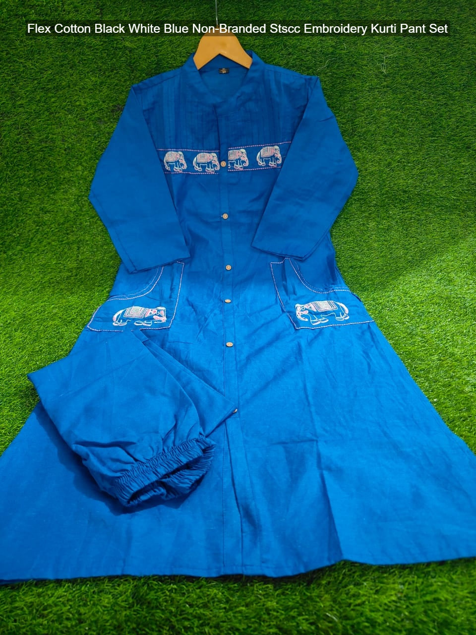 Flex Cotton Black White Blue Non-Branded Stscc Embroidery Kurti Pant Set