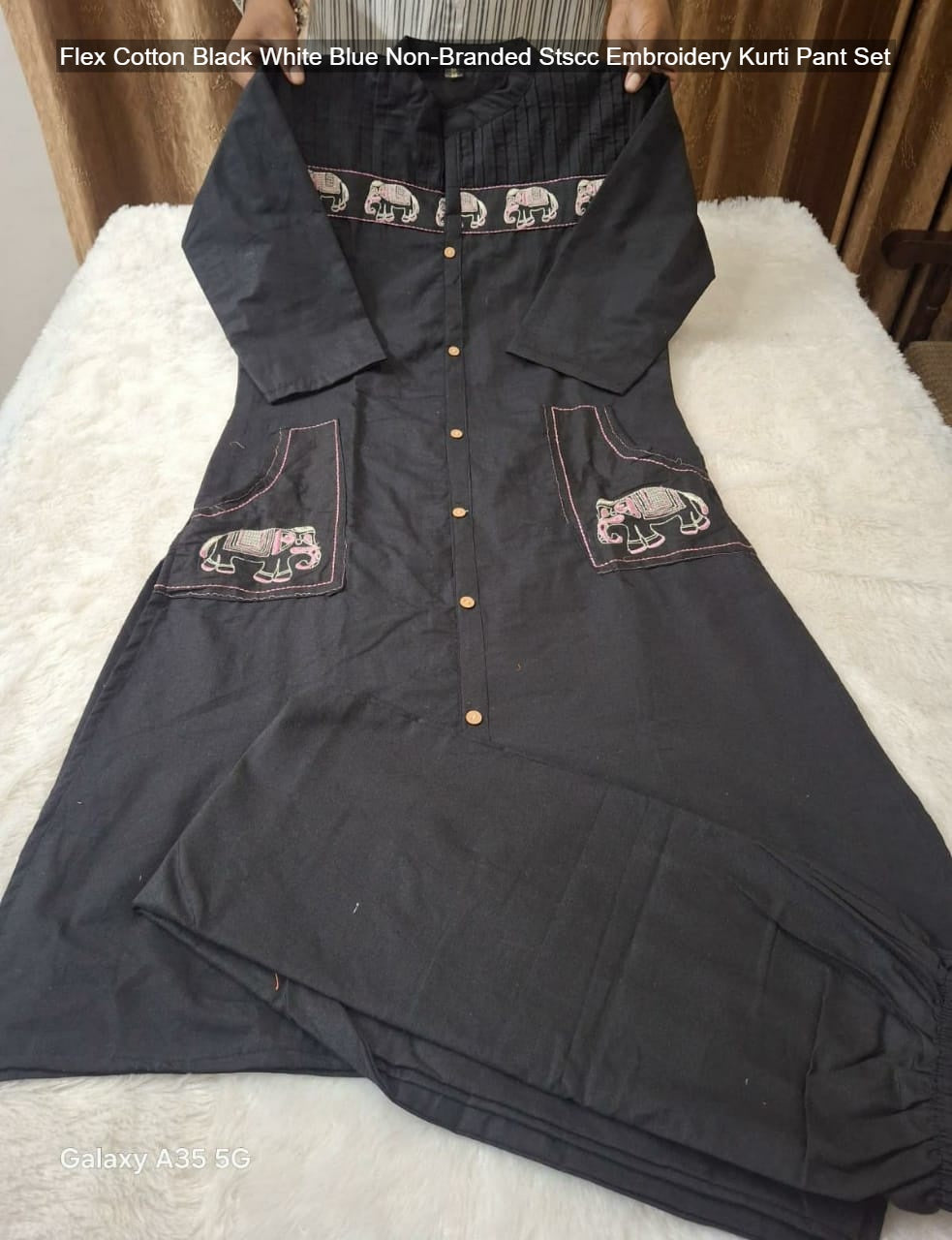Flex Cotton Black White Blue Non-Branded Stscc Embroidery Kurti Pant Set