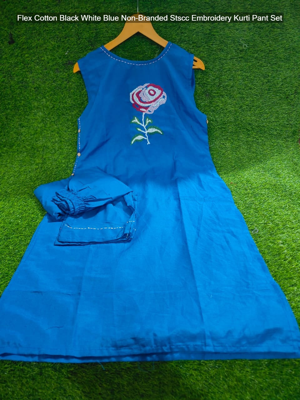 Flex Cotton Black White Blue Non-Branded Stscc Embroidery Kurti Pant Set