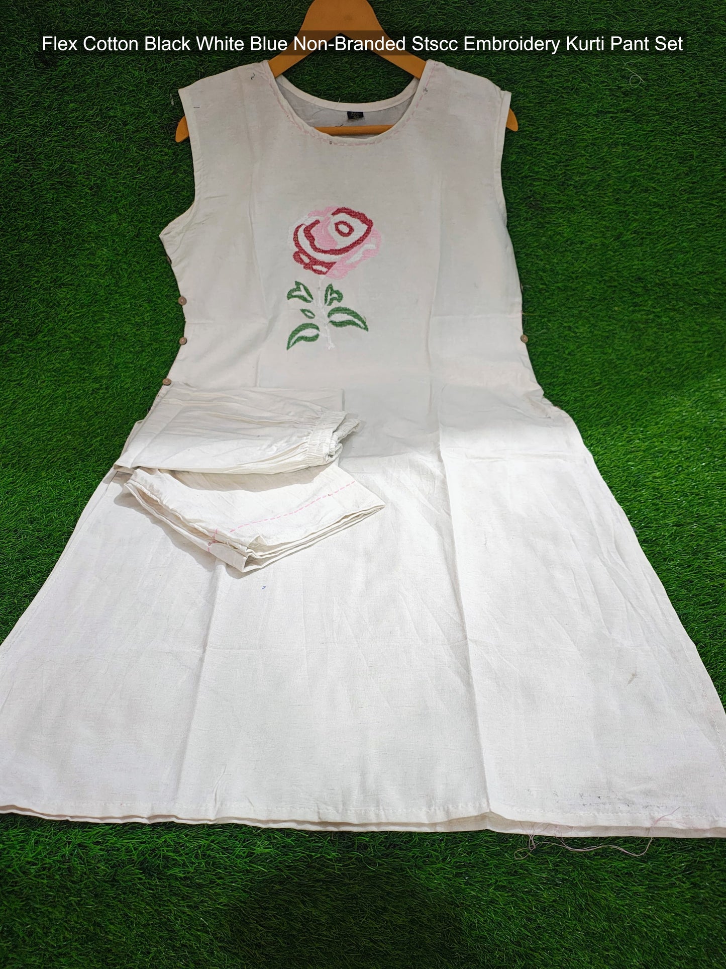 Flex Cotton Black White Blue Non-Branded Stscc Embroidery Kurti Pant Set