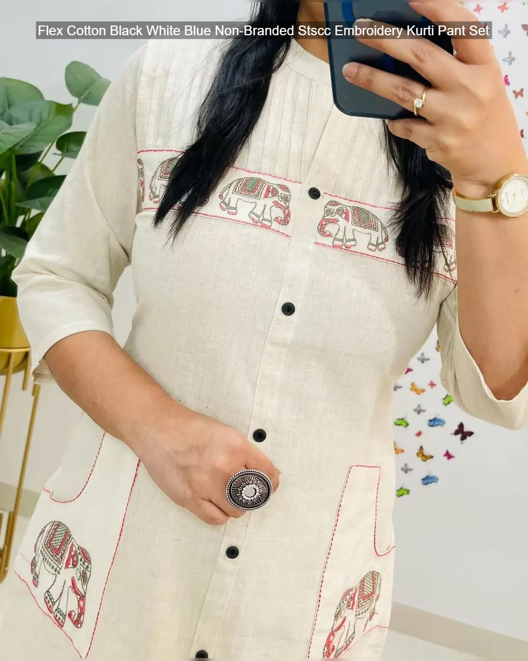 Flex Cotton Black White Blue Non-Branded Stscc Embroidery Kurti Pant Set