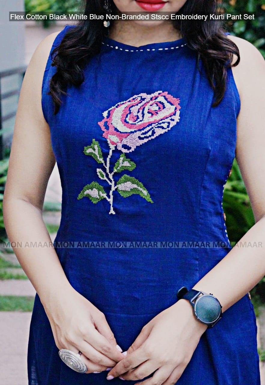 Flex Cotton Black White Blue Non-Branded Stscc Embroidery Kurti Pant Set