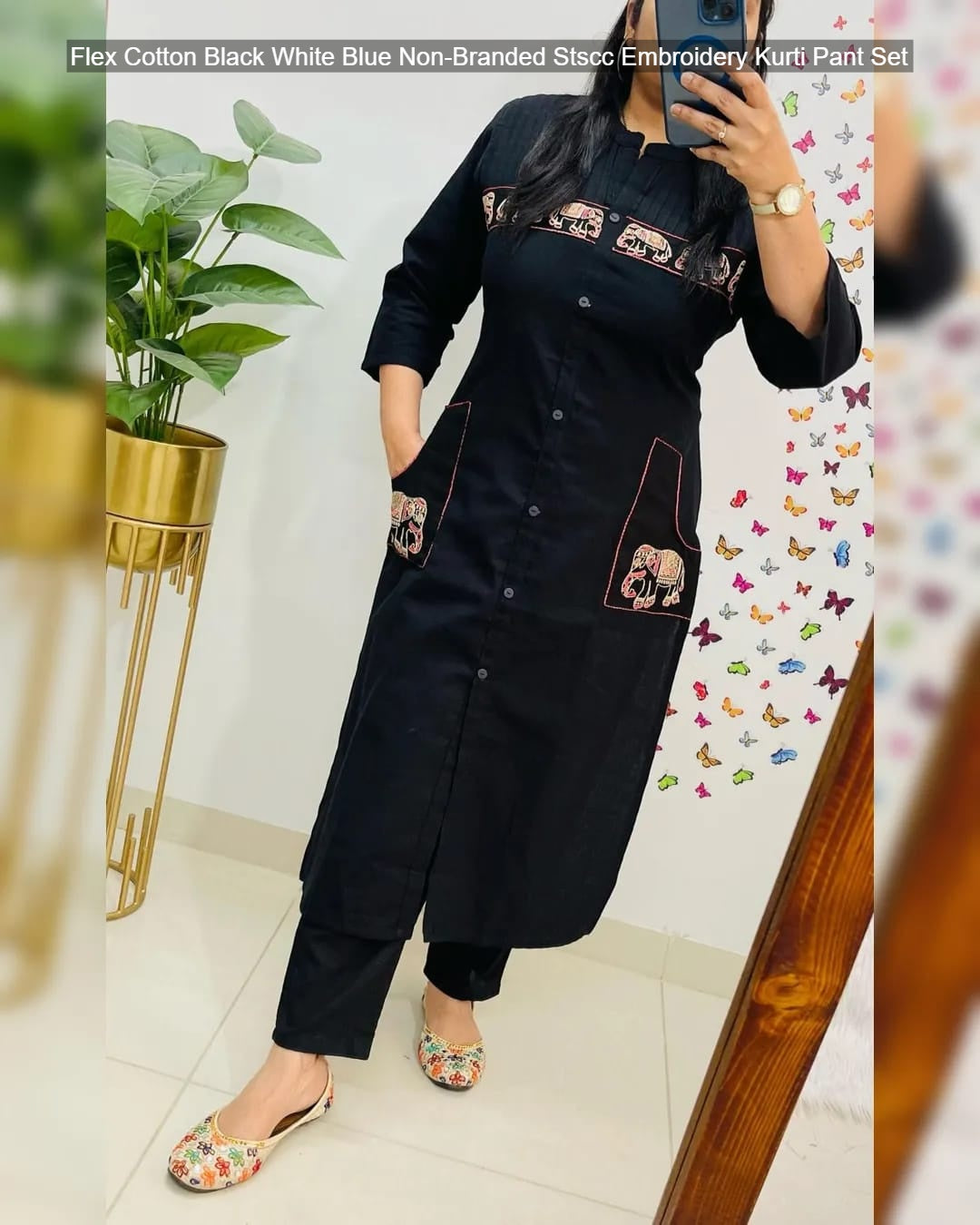 Flex Cotton Black White Blue Non-Branded Stscc Embroidery Kurti Pant Set