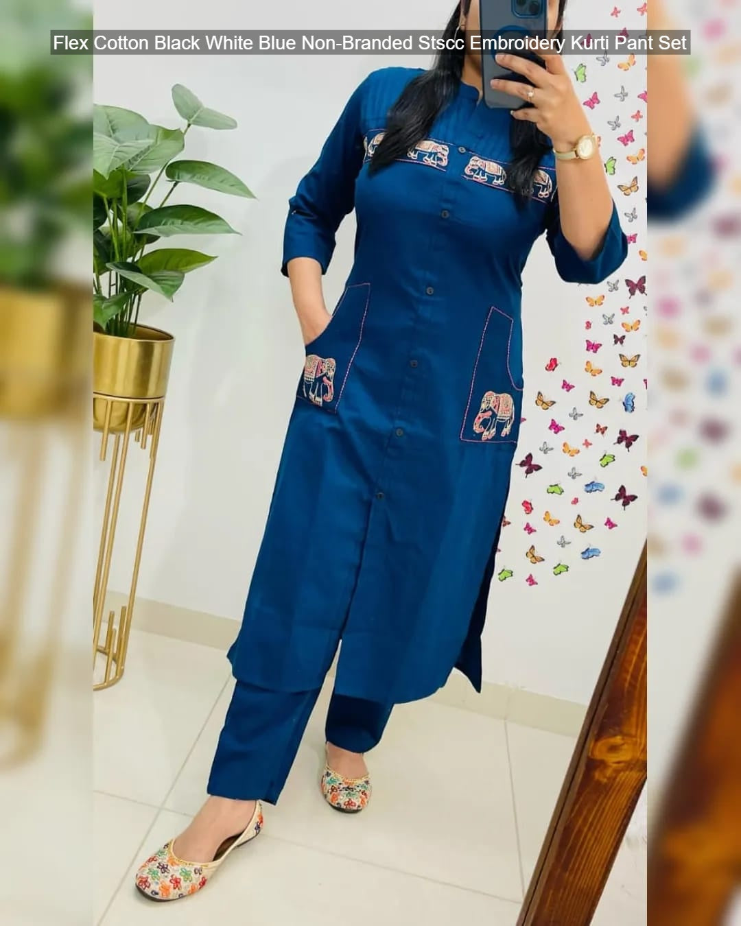 Flex Cotton Black White Blue Non-Branded Stscc Embroidery Kurti Pant Set