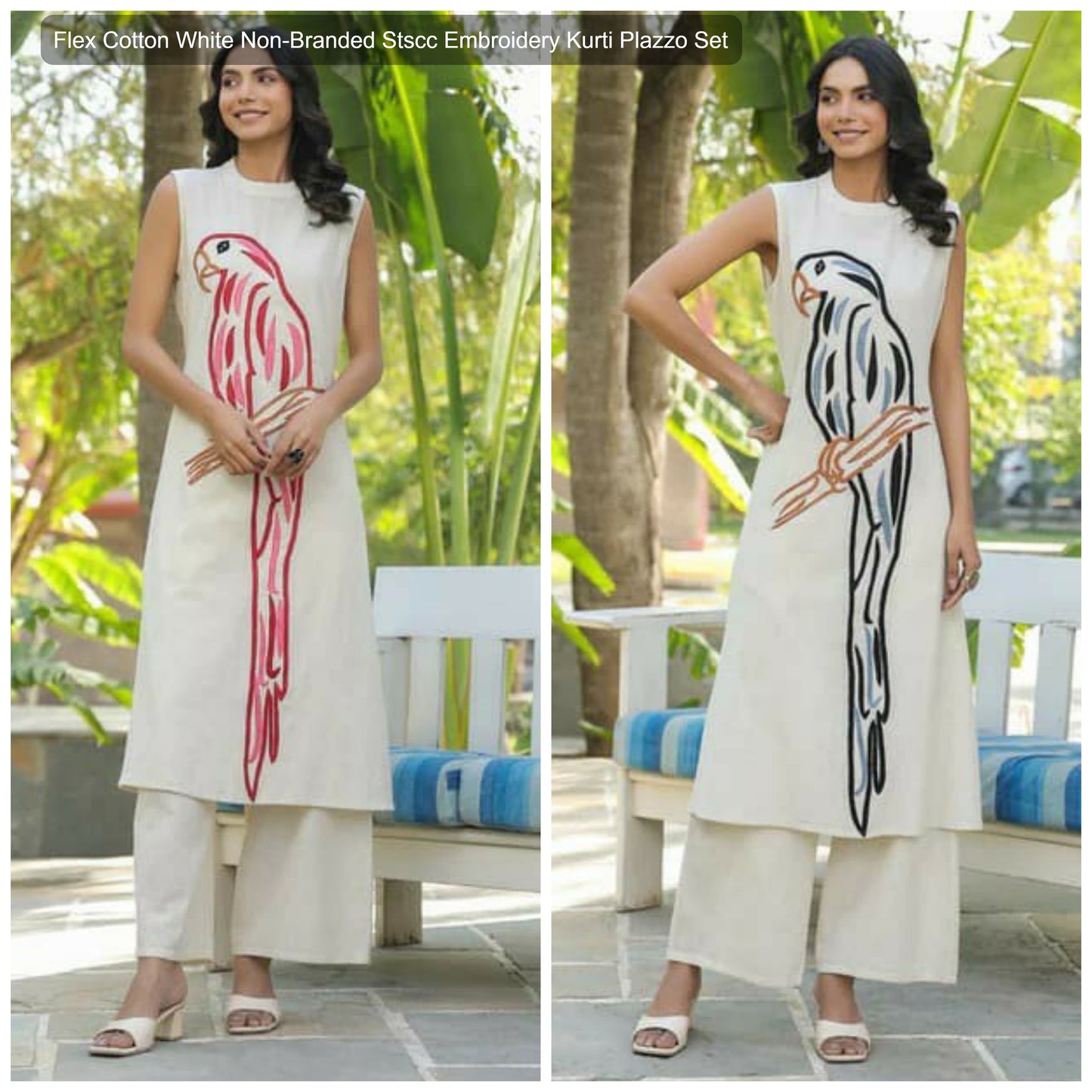 Flex Cotton White Non-Branded Stscc Embroidery Kurti Plazzo Set