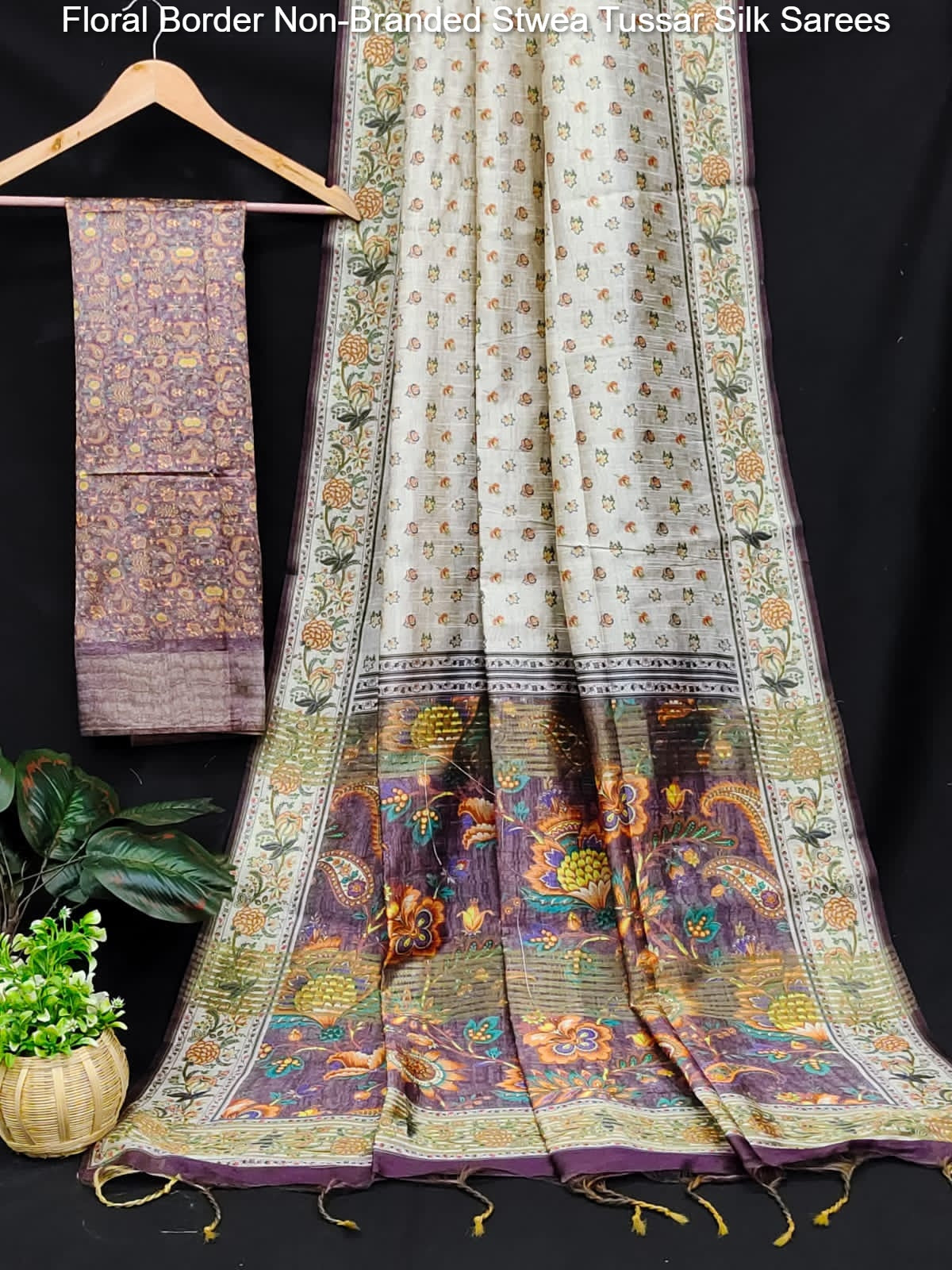Floral Border Non-Branded Stwea Tussar Silk Sarees