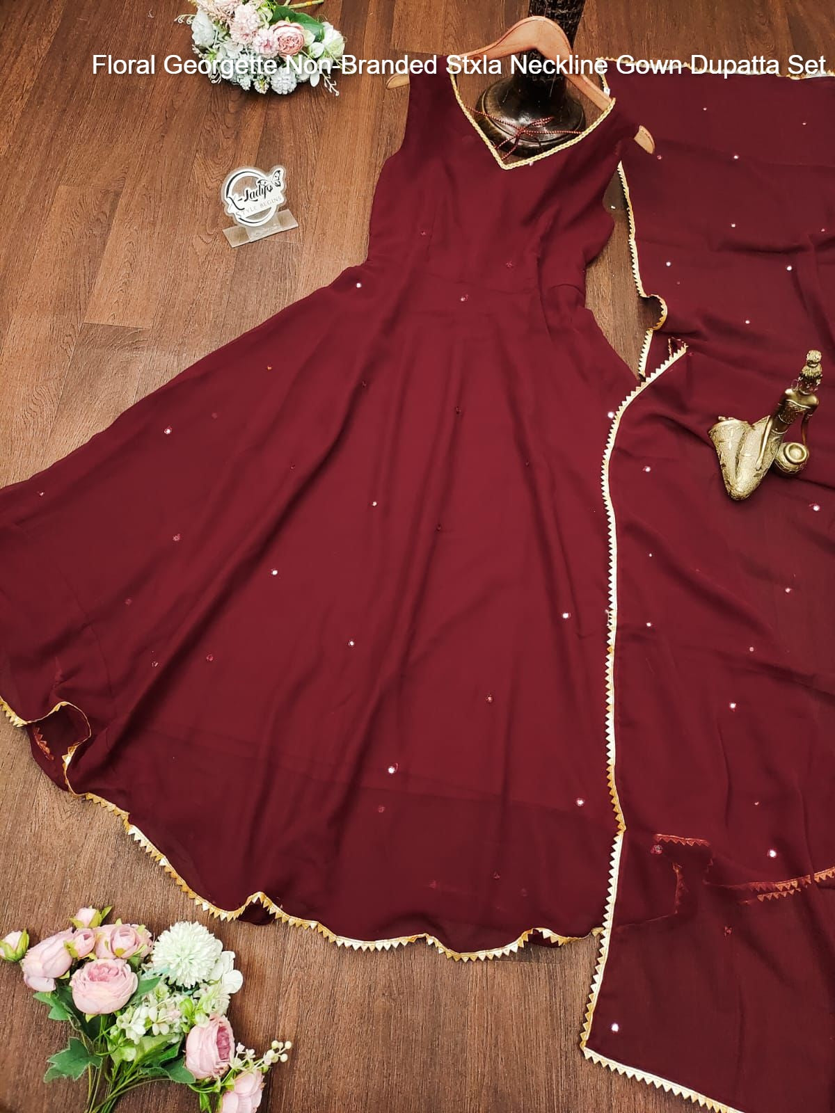 Floral Georgette Non-Branded Stxla Neckline Gown Dupatta Set
