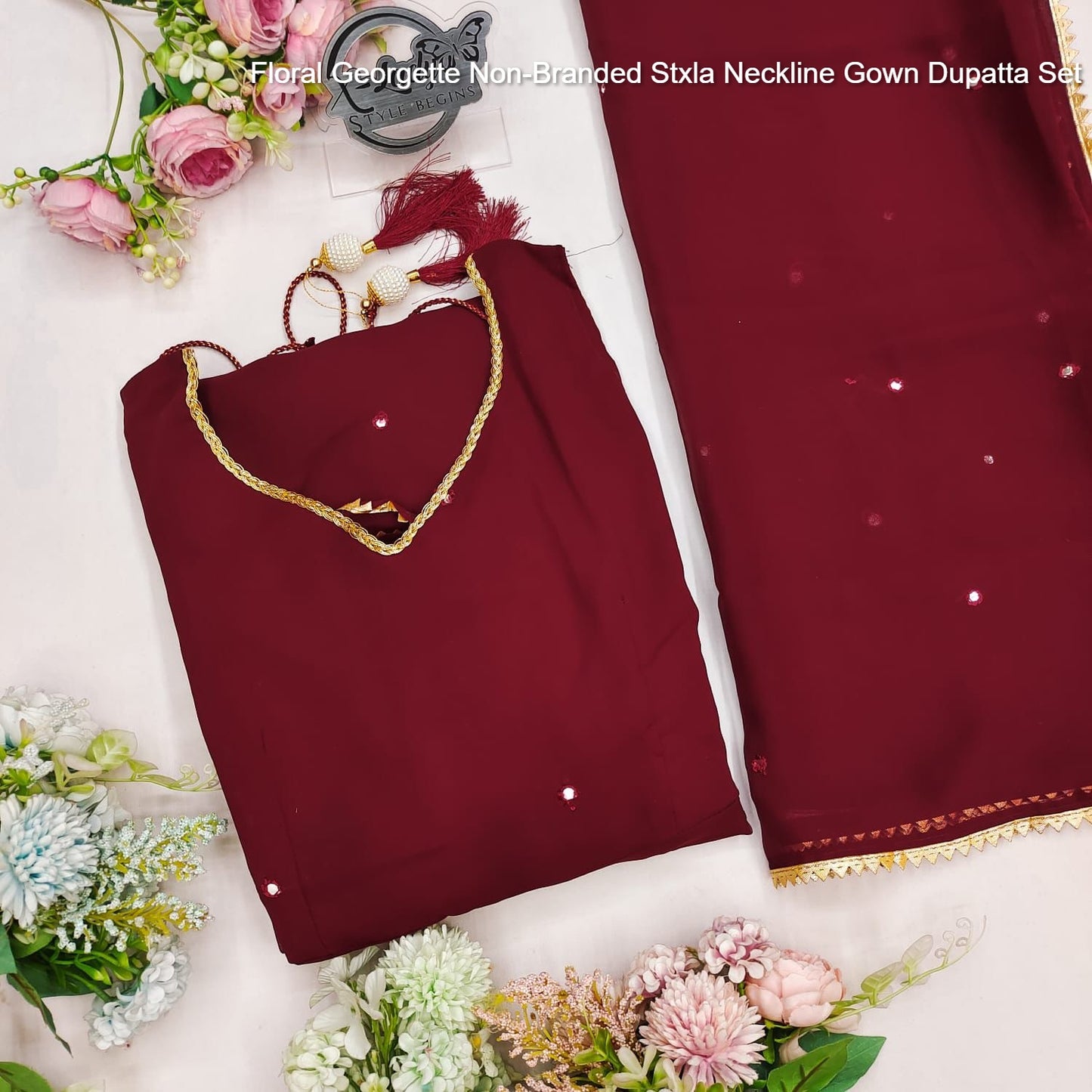 Floral Georgette Non-Branded Stxla Neckline Gown Dupatta Set