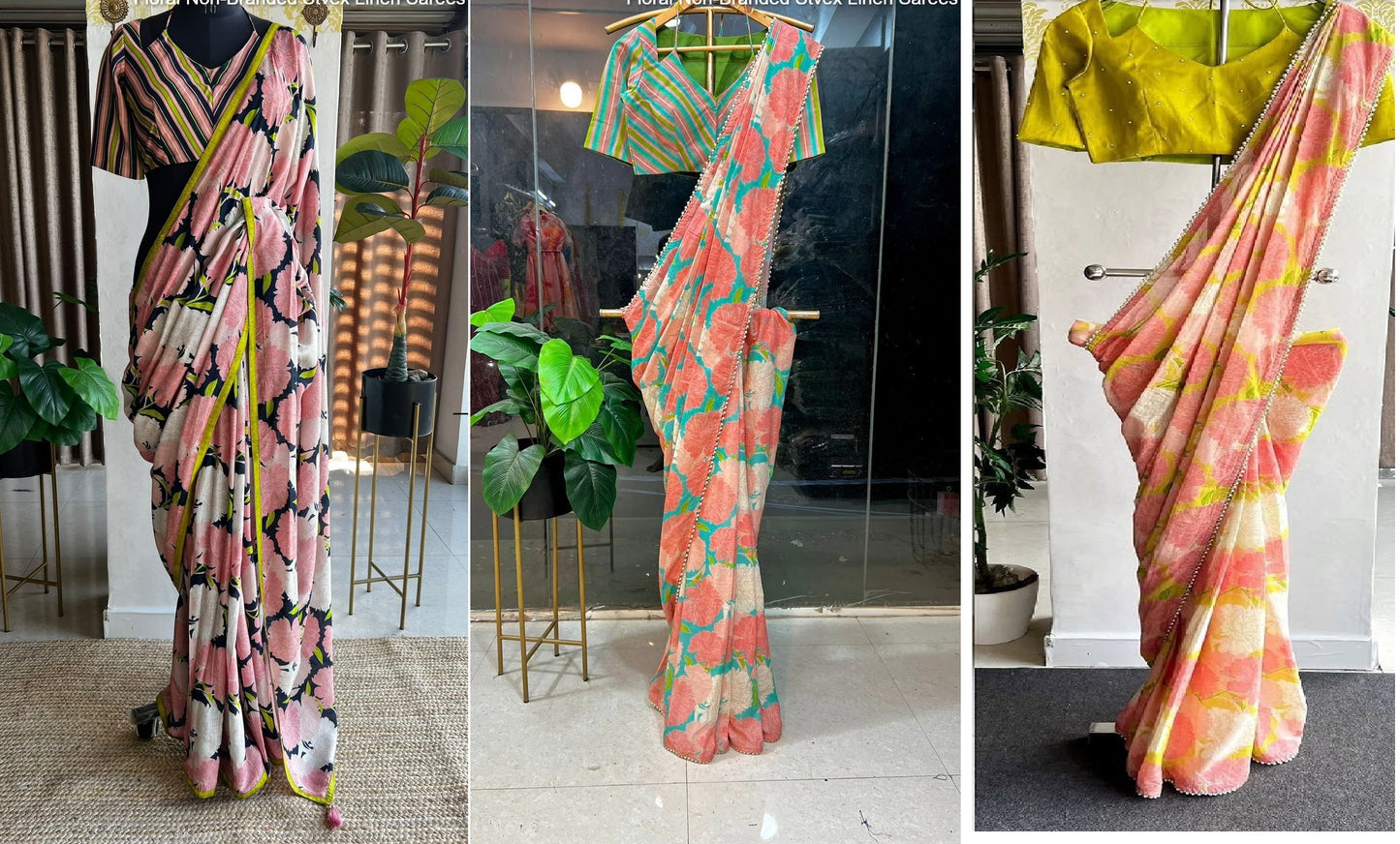 Floral Non-Branded Stvex Linen Sarees