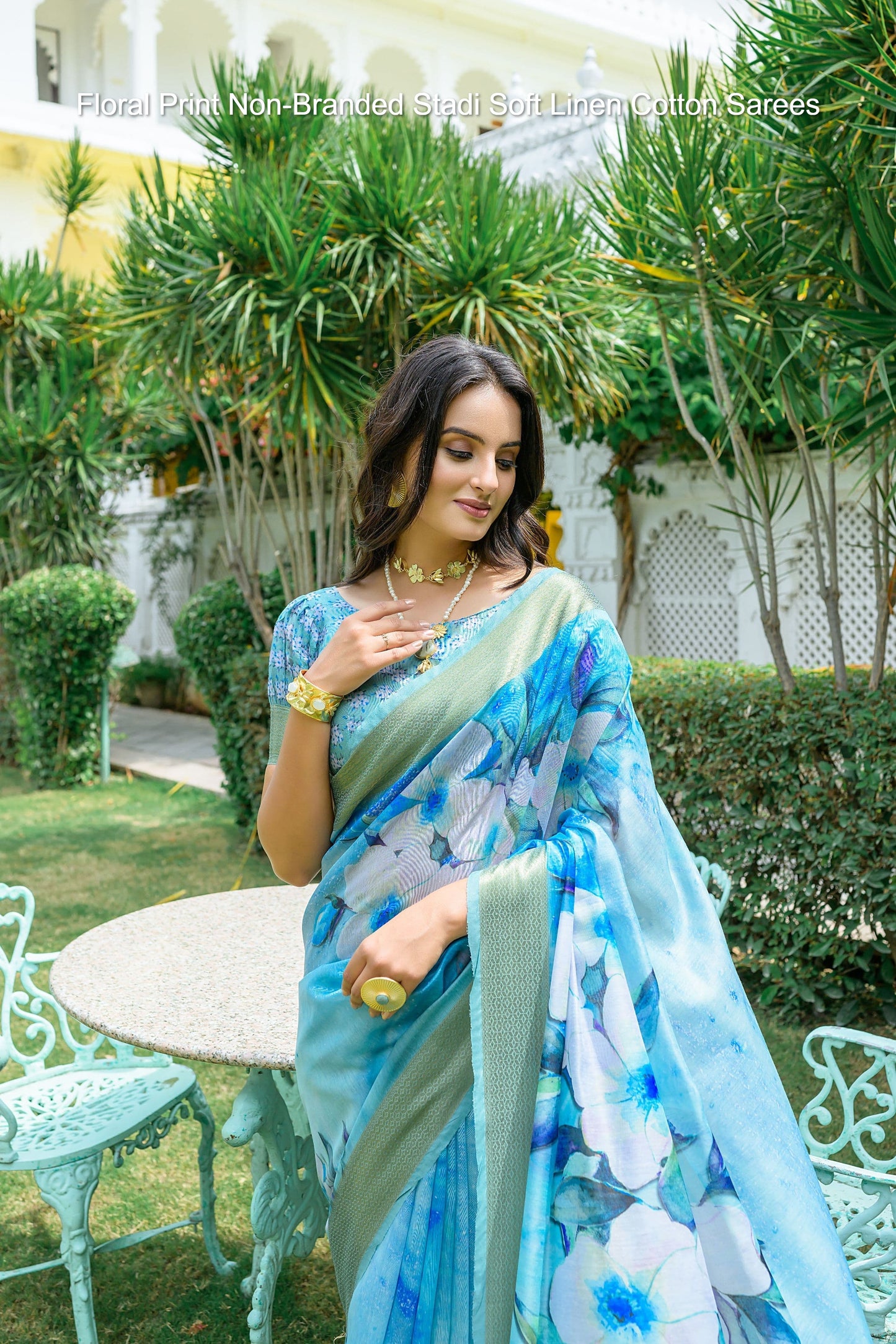 Floral Print Non-Branded Stadi Soft Linen Cotton Sarees