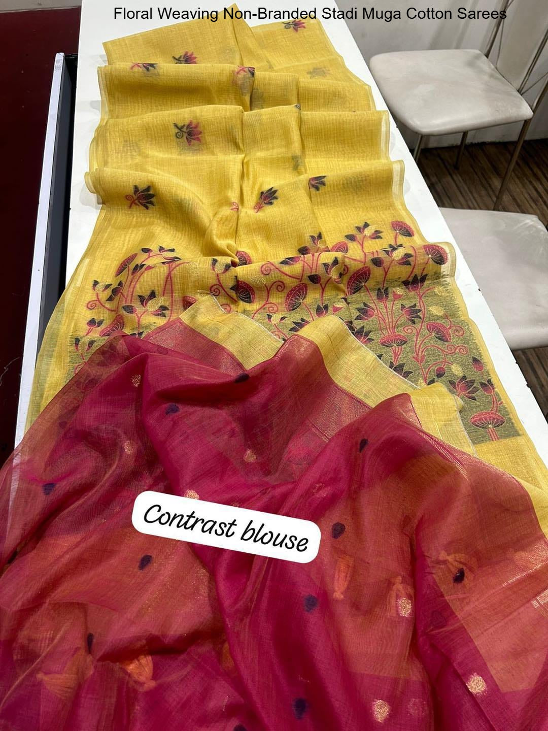 Floral Weaving Non-Branded Stadi Muga Cotton Sarees