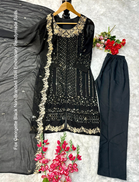 Fox Georgette Black Non-Branded Stkri Embrodary Readymade Suits