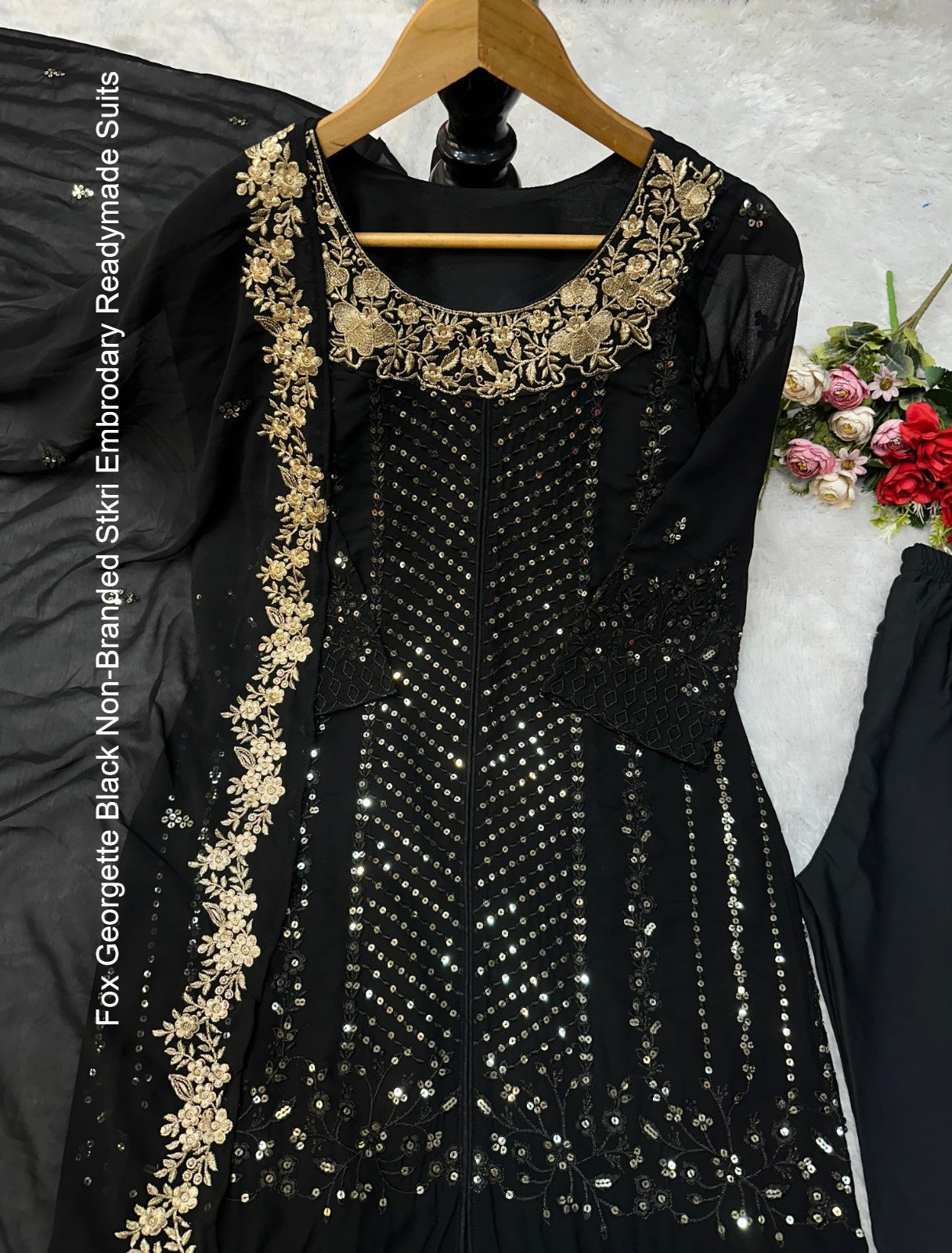 Fox Georgette Black Non-Branded Stkri Embrodary Readymade Suits