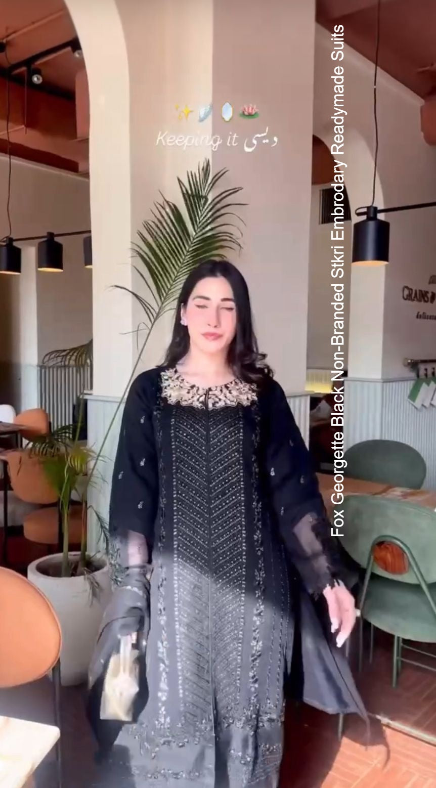 Fox Georgette Black Non-Branded Stkri Embrodary Readymade Suits