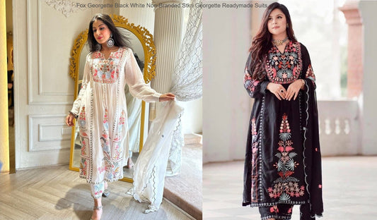 Fox Georgette Black White Non-Branded Stkri Georgette Readymade Suits