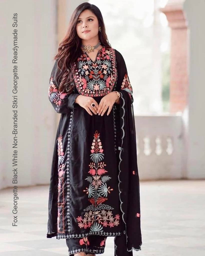 Fox Georgette Black White Non-Branded Stkri Georgette Readymade Suits