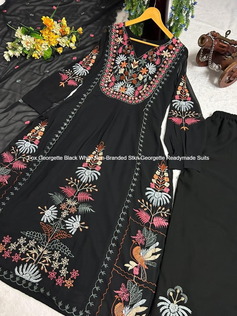 Fox Georgette Black White Non-Branded Stkri Georgette Readymade Suits