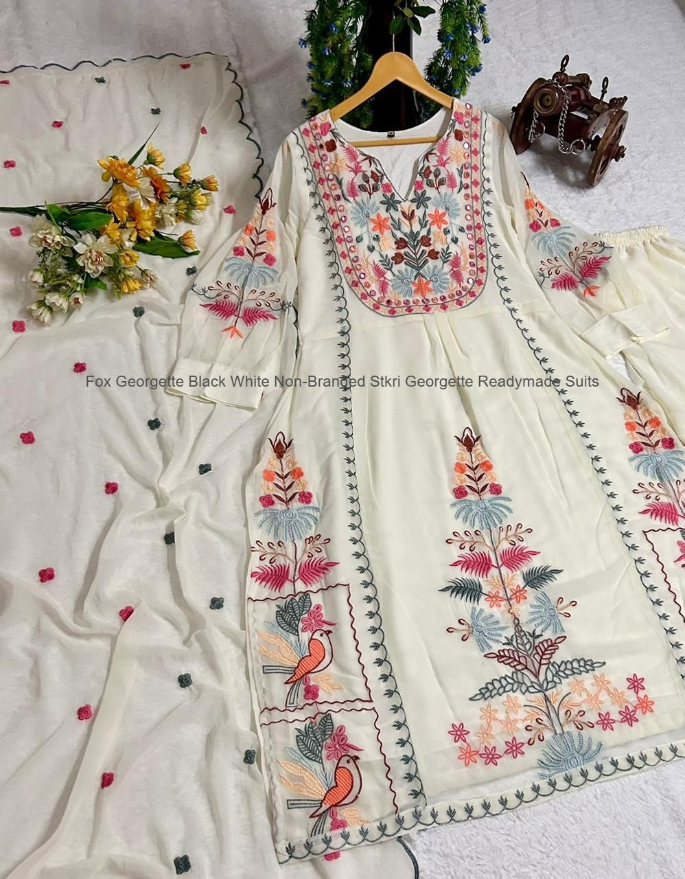 Fox Georgette Black White Non-Branded Stkri Georgette Readymade Suits