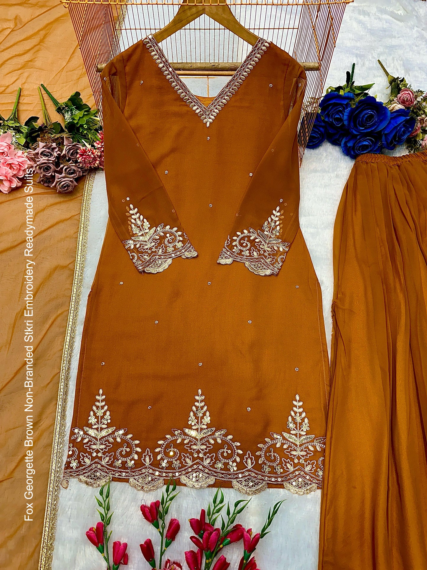 Fox Georgette Brown Non-Branded Stkri Embroidery Readymade Suits