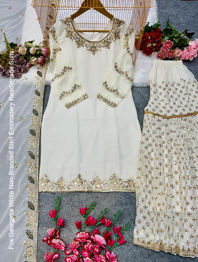 Fox Georgette White Non-Branded Stkri Embroidery Readymade Suits