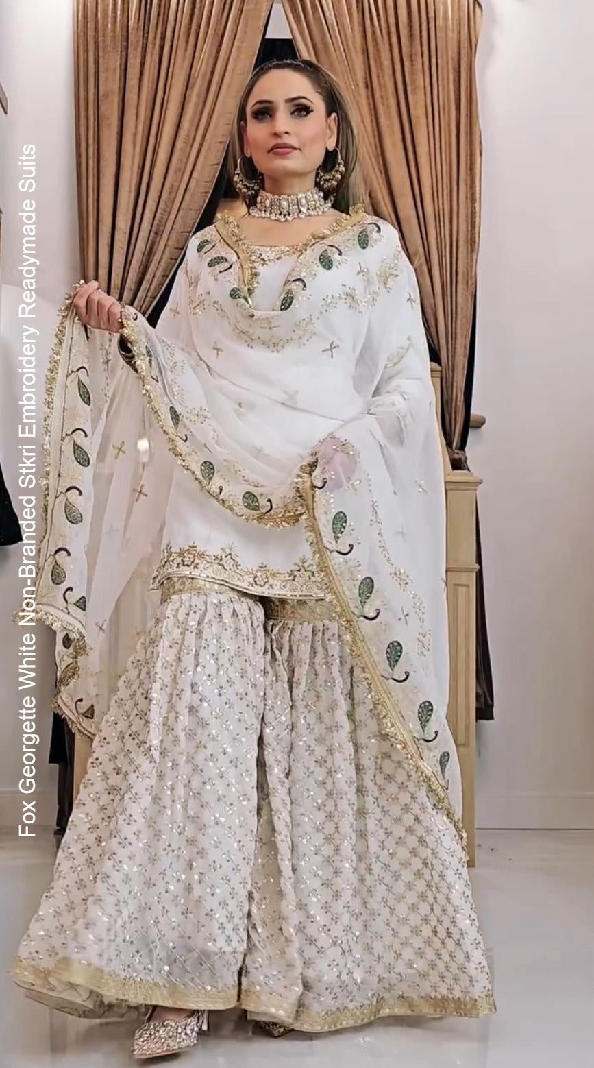 Fox Georgette White Non-Branded Stkri Embroidery Readymade Suits