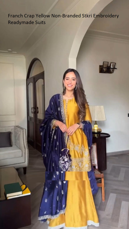 Franch Crap Yellow Non-Branded Stkri Embroidery Readymade Suits