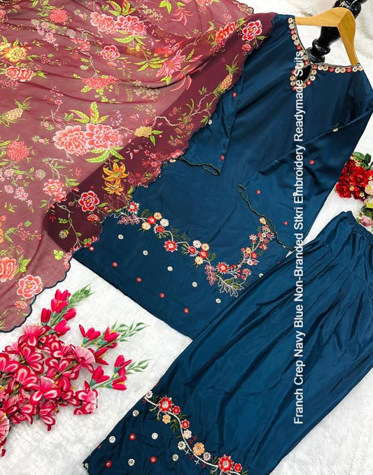 Franch Crep Navy Blue Non-Branded Stkri Embroidery Readymade Suits