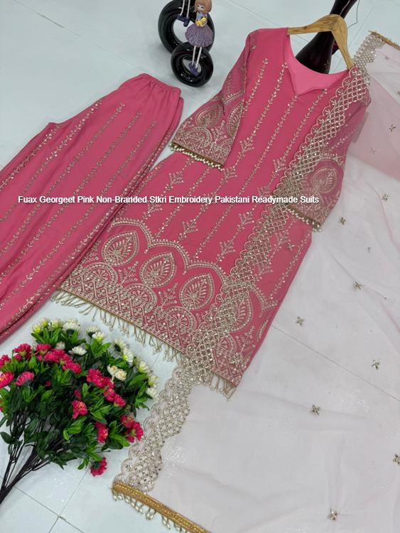 Fuax Georgeet Pink Non-Branded Stkri Embroidery Pakistani Readymade Suits
