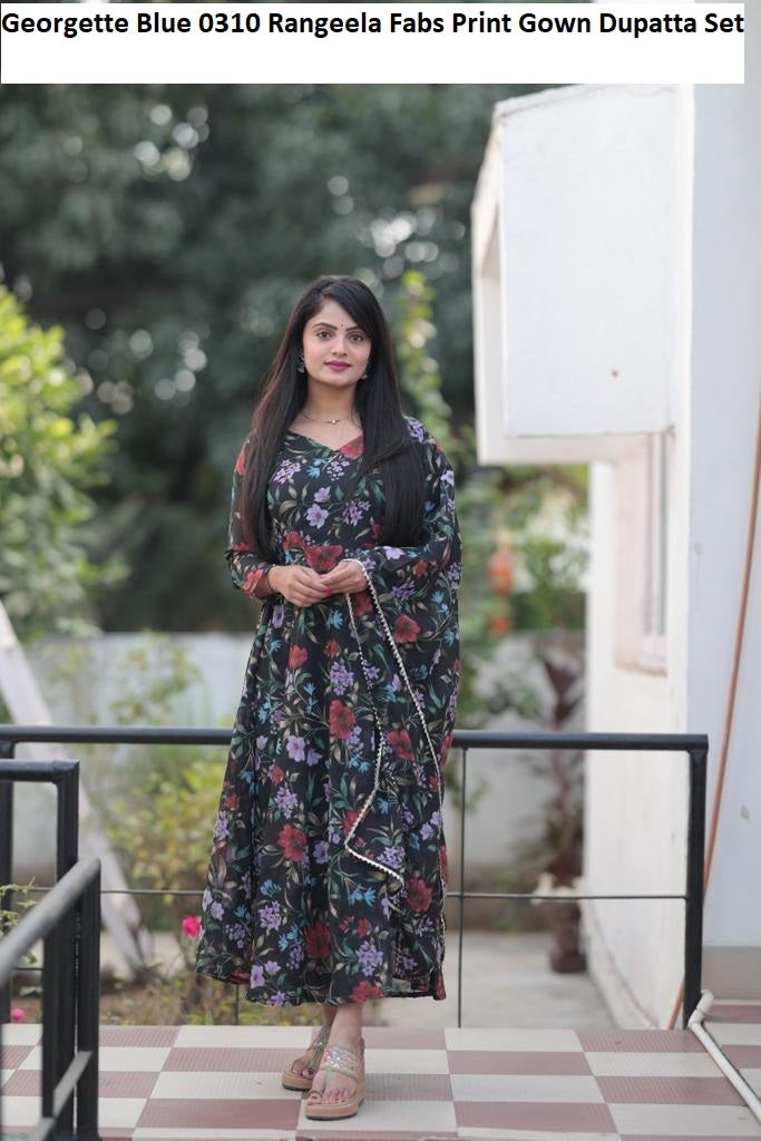 Georgette 0310 Blue Rangeela Fabs Print Gown Dupatta Set