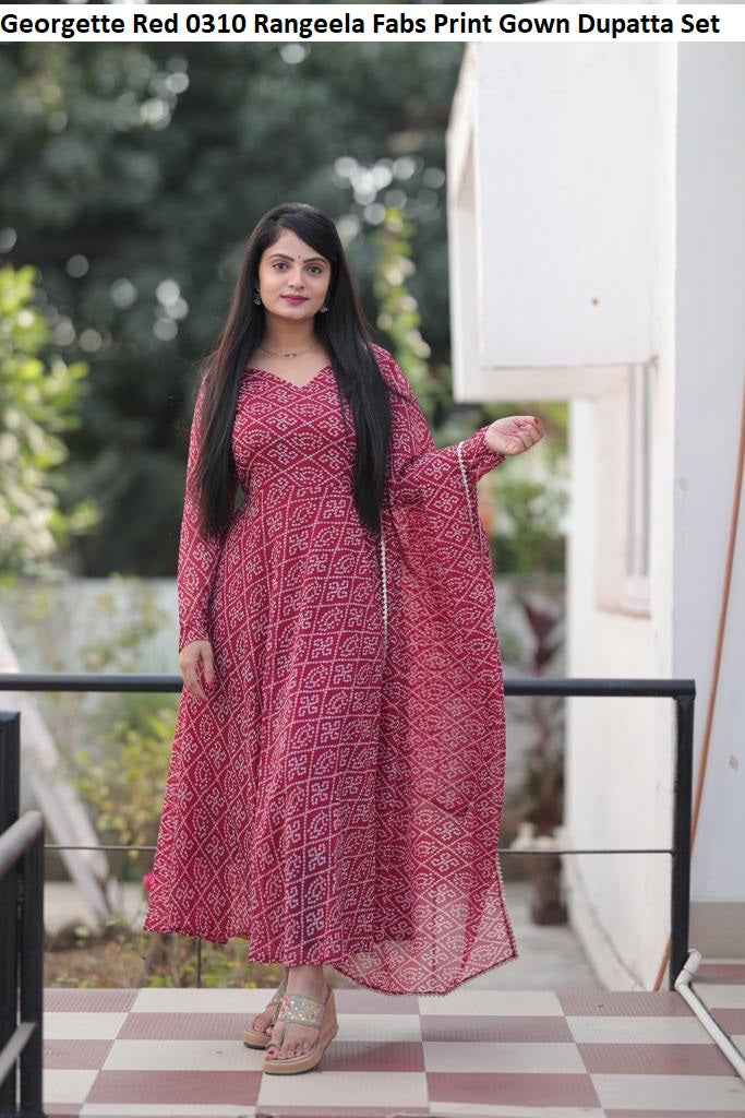 Georgette 0310 Red Rangeela Fabs Print Gown Dupatta Set