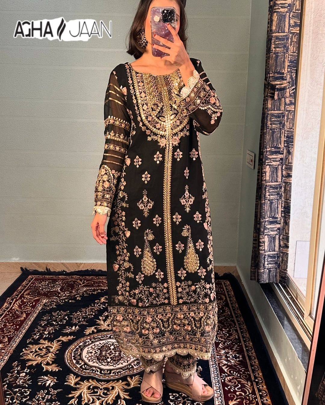 Georgette Black Agha Jaan Mirror Work Pakistani Readymade Suits