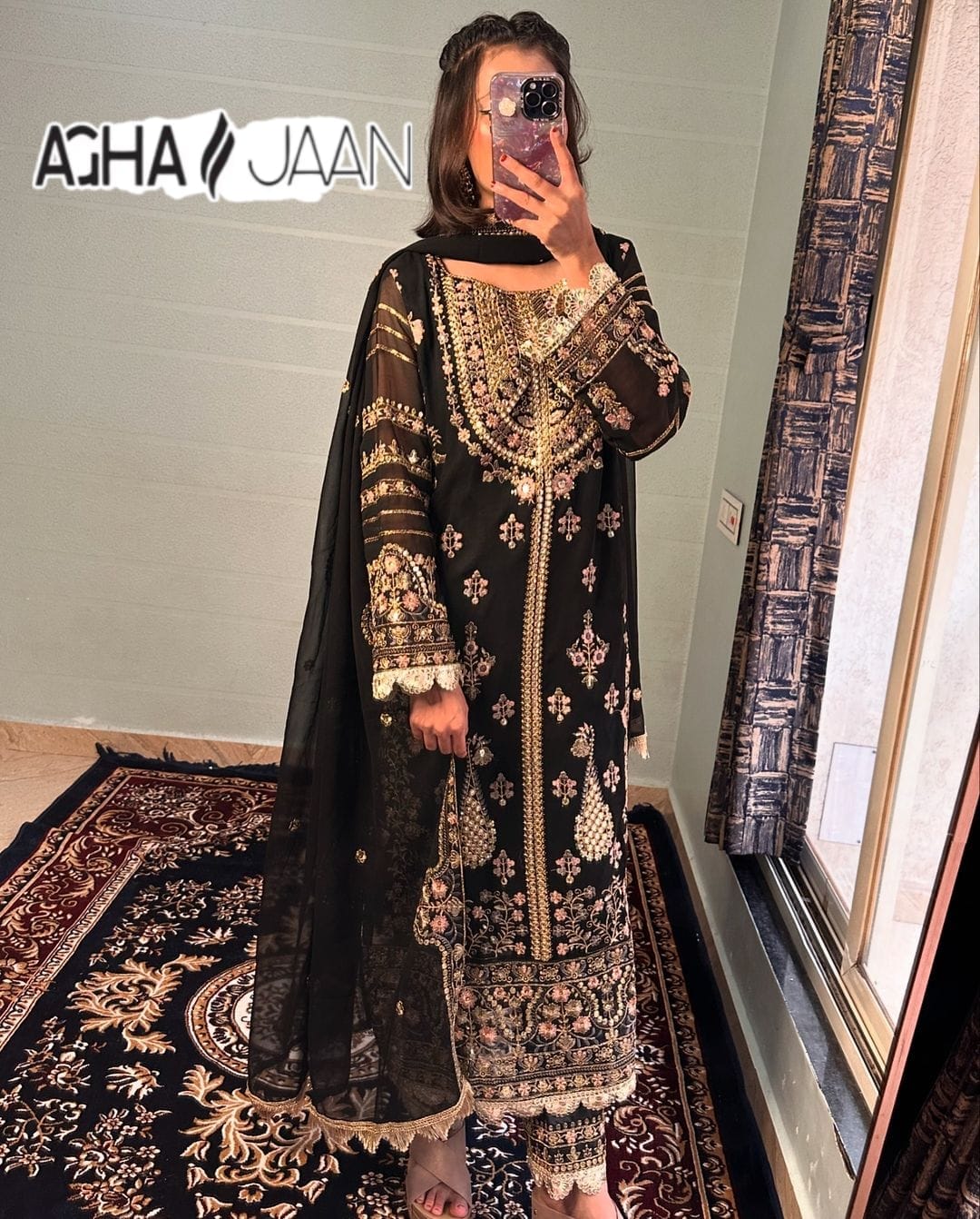 Georgette Black Agha Jaan Mirror Work Pakistani Readymade Suits