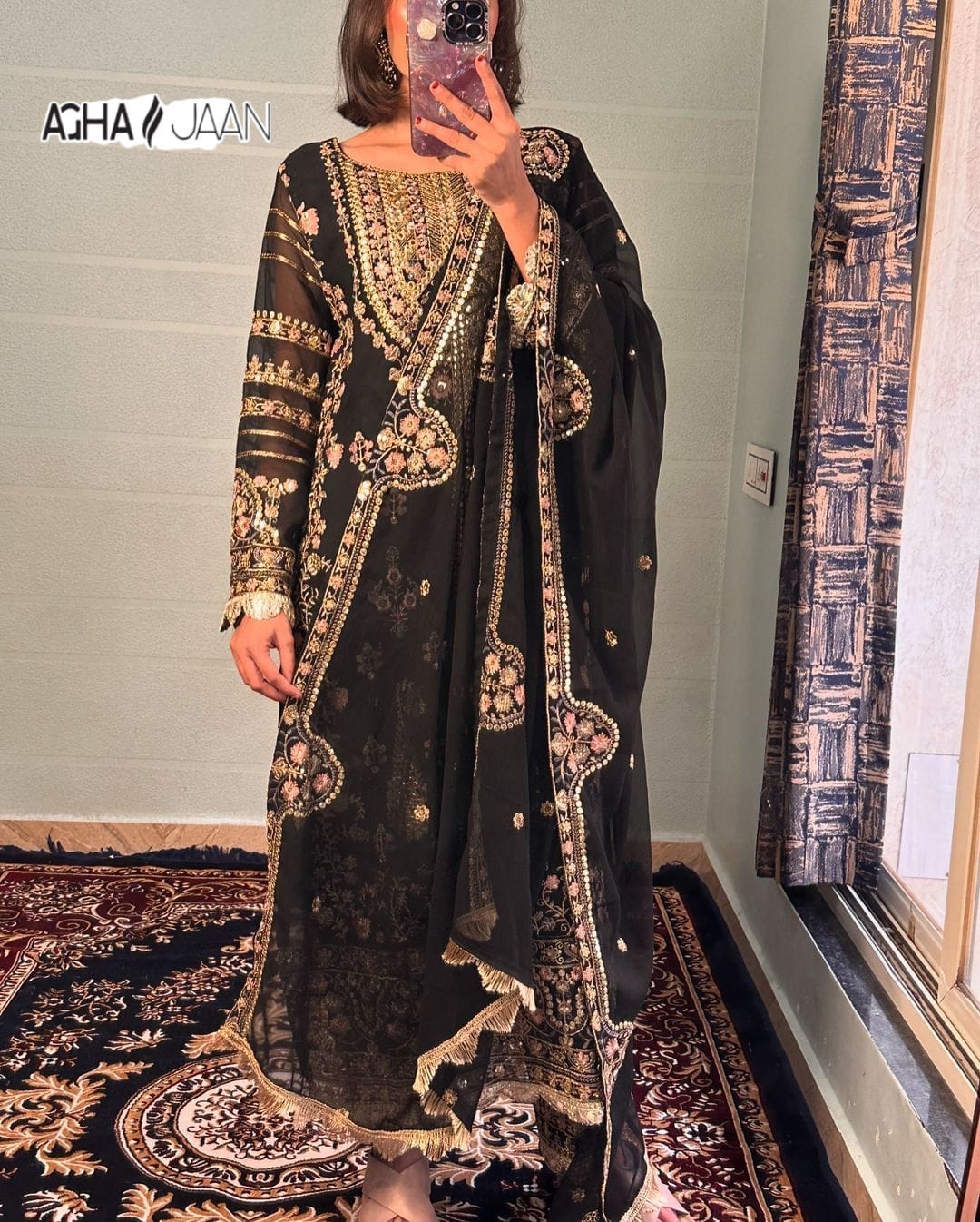 Georgette Black Agha Jaan Mirror Work Pakistani Readymade Suits