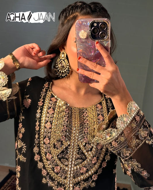 Georgette Black Agha Jaan Mirror Work Pakistani Readymade Suits