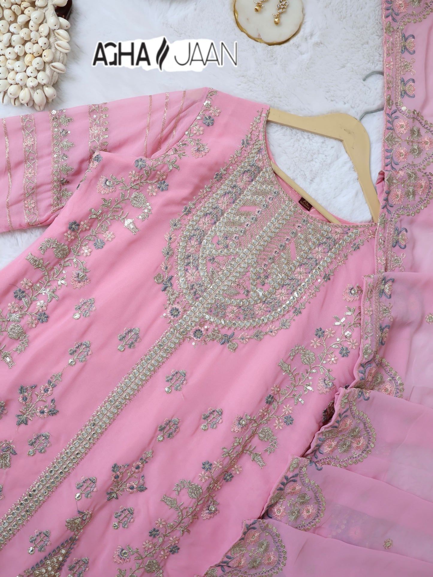 Georgette Pink Agha Jaan Mirror Work Pakistani Readymade Suits
