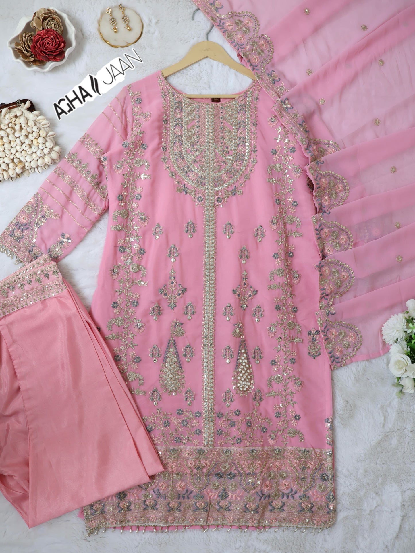 Georgette Pink Agha Jaan Mirror Work Pakistani Readymade Suits