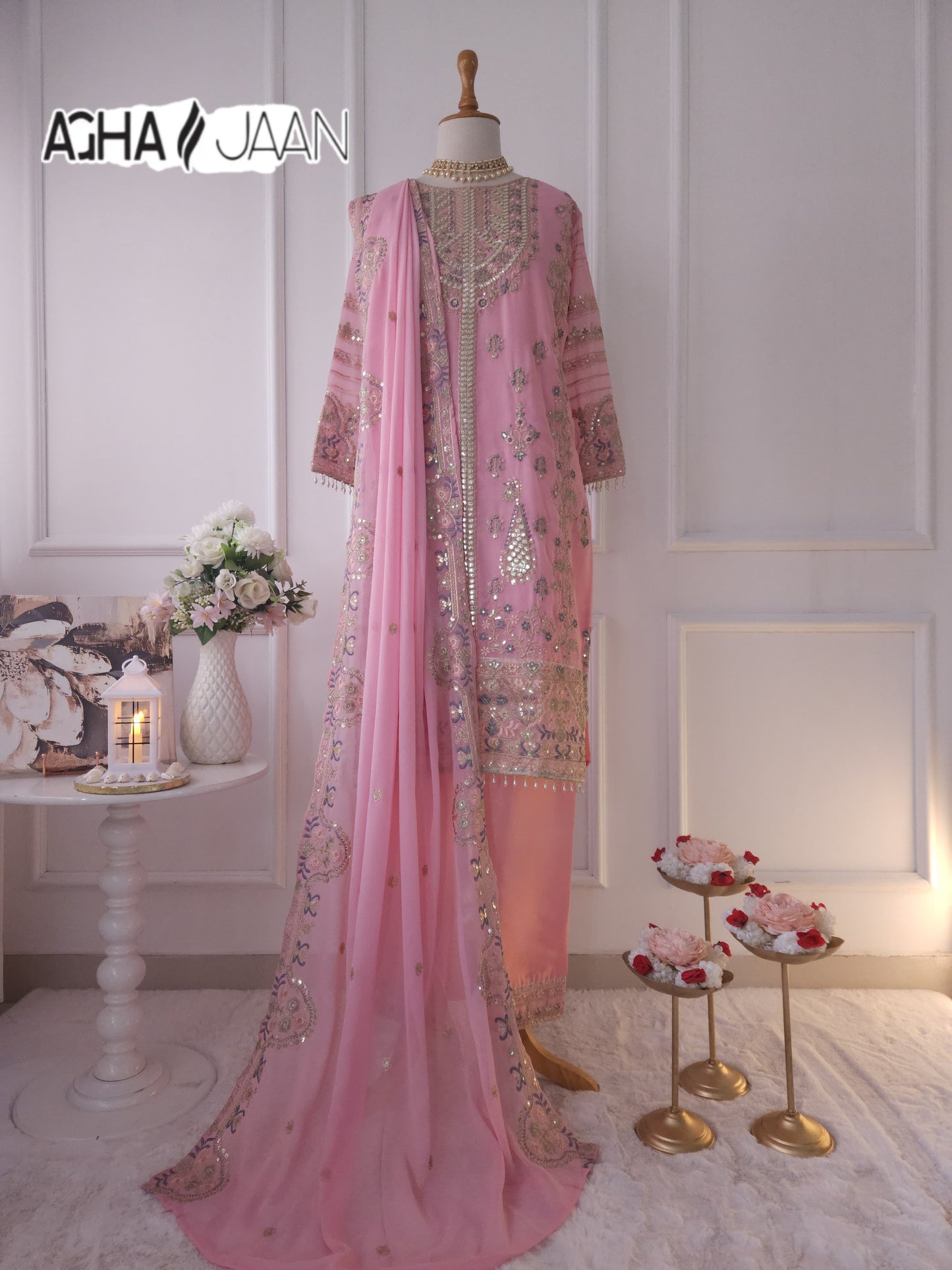 Georgette Pink Agha Jaan Mirror Work Pakistani Readymade Suits