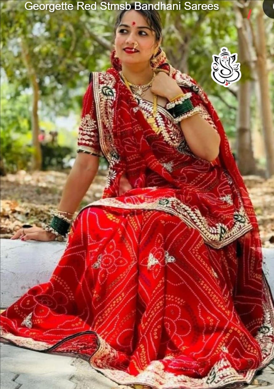 Georgette Red Stmsb Bandhani Sarees