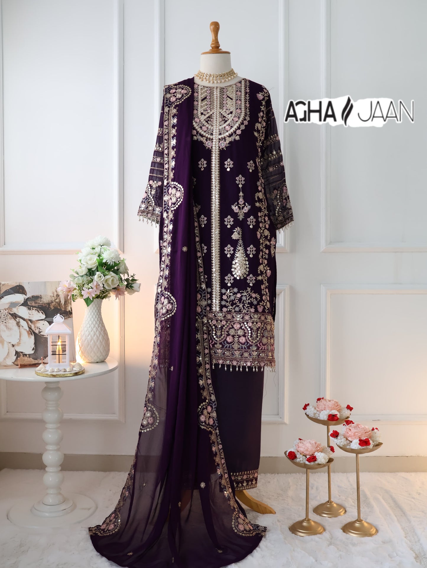 Georgette Wine Agha Jaan Mirror Work Pakistani Readymade Suits