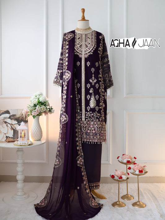 Georgette Wine Agha Jaan Mirror Work Pakistani Readymade Suits