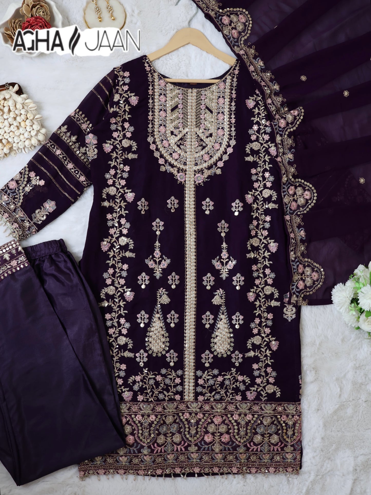 Georgette Wine Agha Jaan Mirror Work Pakistani Readymade Suits
