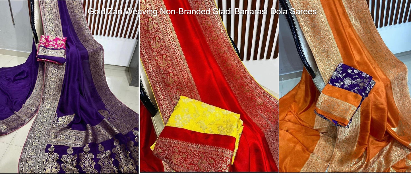 Gold Zari Weaving Non-Branded Stadi Banarasi Dola Sarees