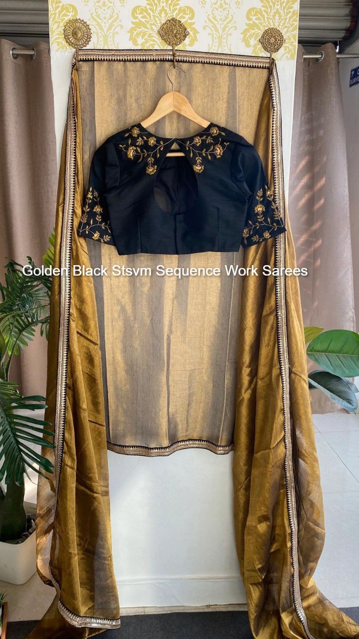Golden Black Stsvm Sequence Work Sarees